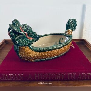 Vintage Majolica Chinese Ceramic Dragon with Pearl Planter Mid Century